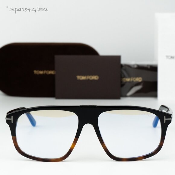 Tom Ford Women Eyeglasses Black Havana Blue Block Aviator FT5901-B-N 056 NEW